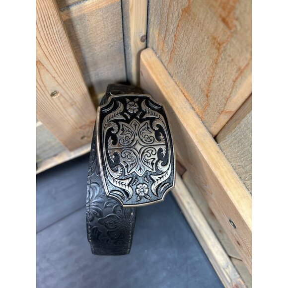 Haband Black Embossed Leather Belt Ornate Silver Buckle Genuine Bonded Leather M - Picture 2 of 7